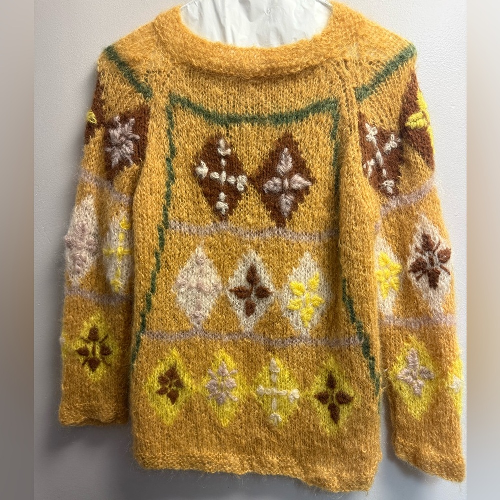 2/$29 on $29 Sweaters. GVC Handmade Mustard Yellow Colorful Patterned Sweater Lg